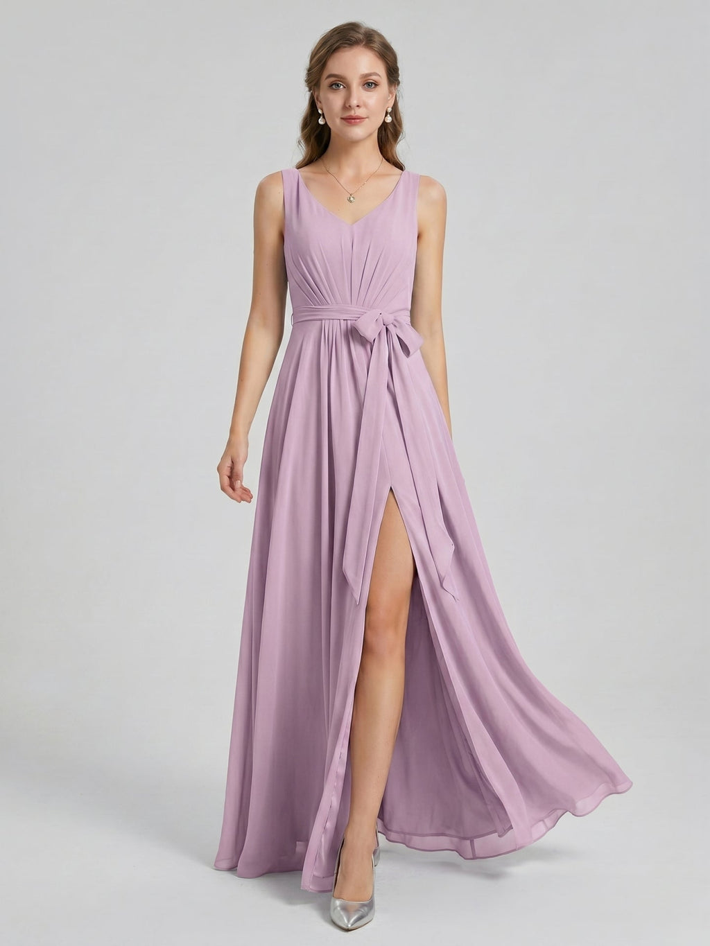 Sweet & Flowy Lavender Chiffon A-Line V-Neck V-Back with Pleated Ankle-Length Bridesmaid Dress - Curvevia