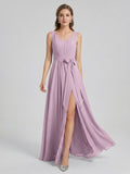 Sweet & Flowy Lavender Chiffon A-Line V-Neck V-Back with Pleated Ankle-Length Bridesmaid Dress - Curvevia