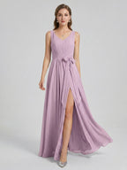 Sweet & Flowy Lavender Chiffon A-Line V-Neck V-Back with Pleated Ankle-Length Bridesmaid Dress - Curvevia