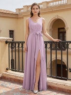 Sweet & Flowy Lavender Chiffon A-Line V-Neck V-Back with Pleated Ankle-Length Bridesmaid Dress - Curvevia