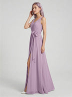 Sweet & Flowy Lavender Chiffon A-Line V-Neck V-Back with Pleated Ankle-Length Bridesmaid Dress - Curvevia