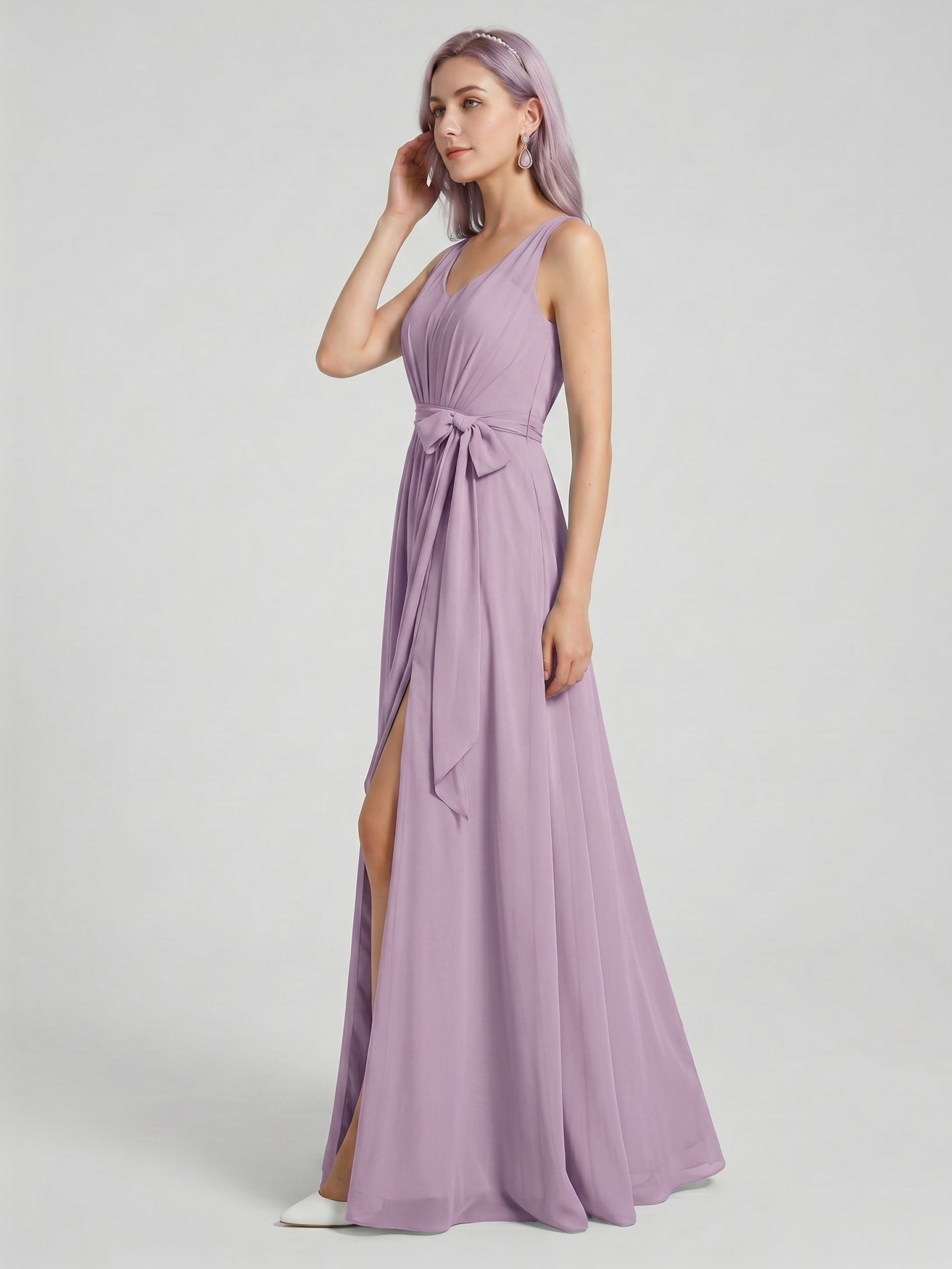Sweet & Flowy Lavender Chiffon A-Line V-Neck V-Back with Pleated Ankle-Length Bridesmaid Dress - Curvevia