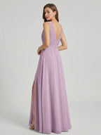 Sweet & Flowy Lavender Chiffon A-Line V-Neck V-Back with Pleated Ankle-Length Bridesmaid Dress - Curvevia