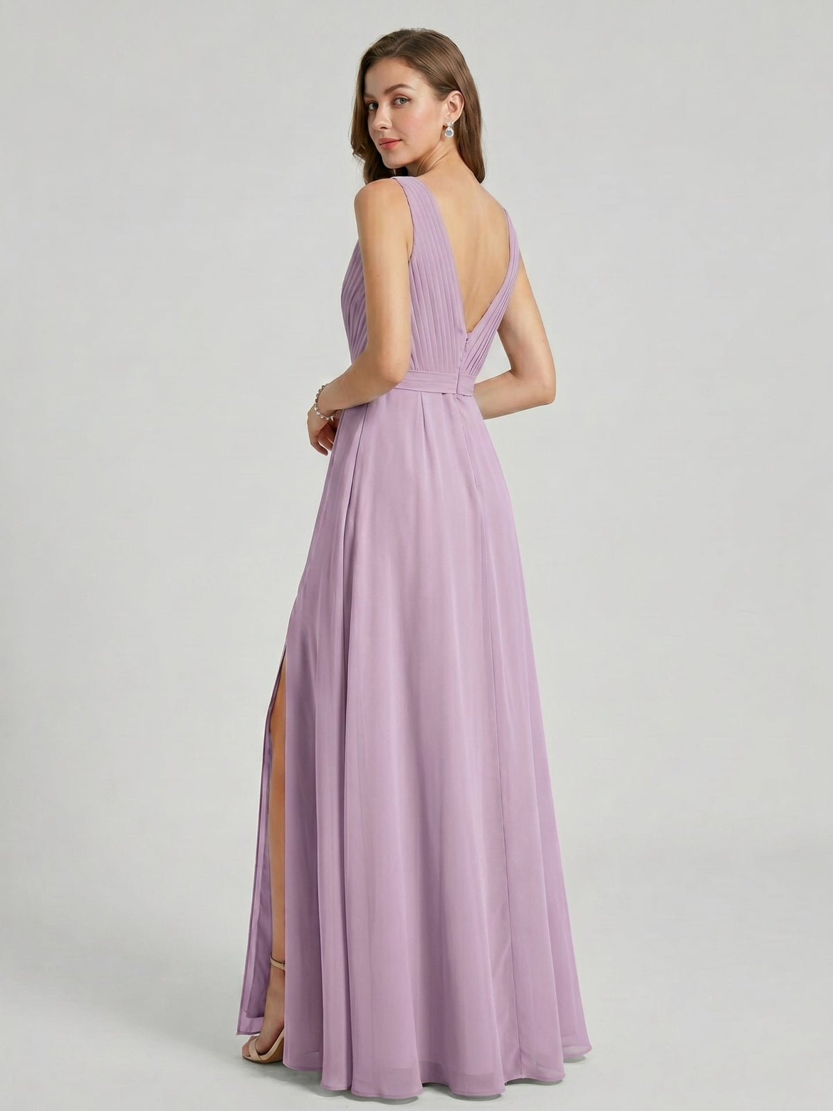 Sweet & Flowy Lavender Chiffon A-Line V-Neck V-Back with Pleated Ankle-Length Bridesmaid Dress - Curvevia