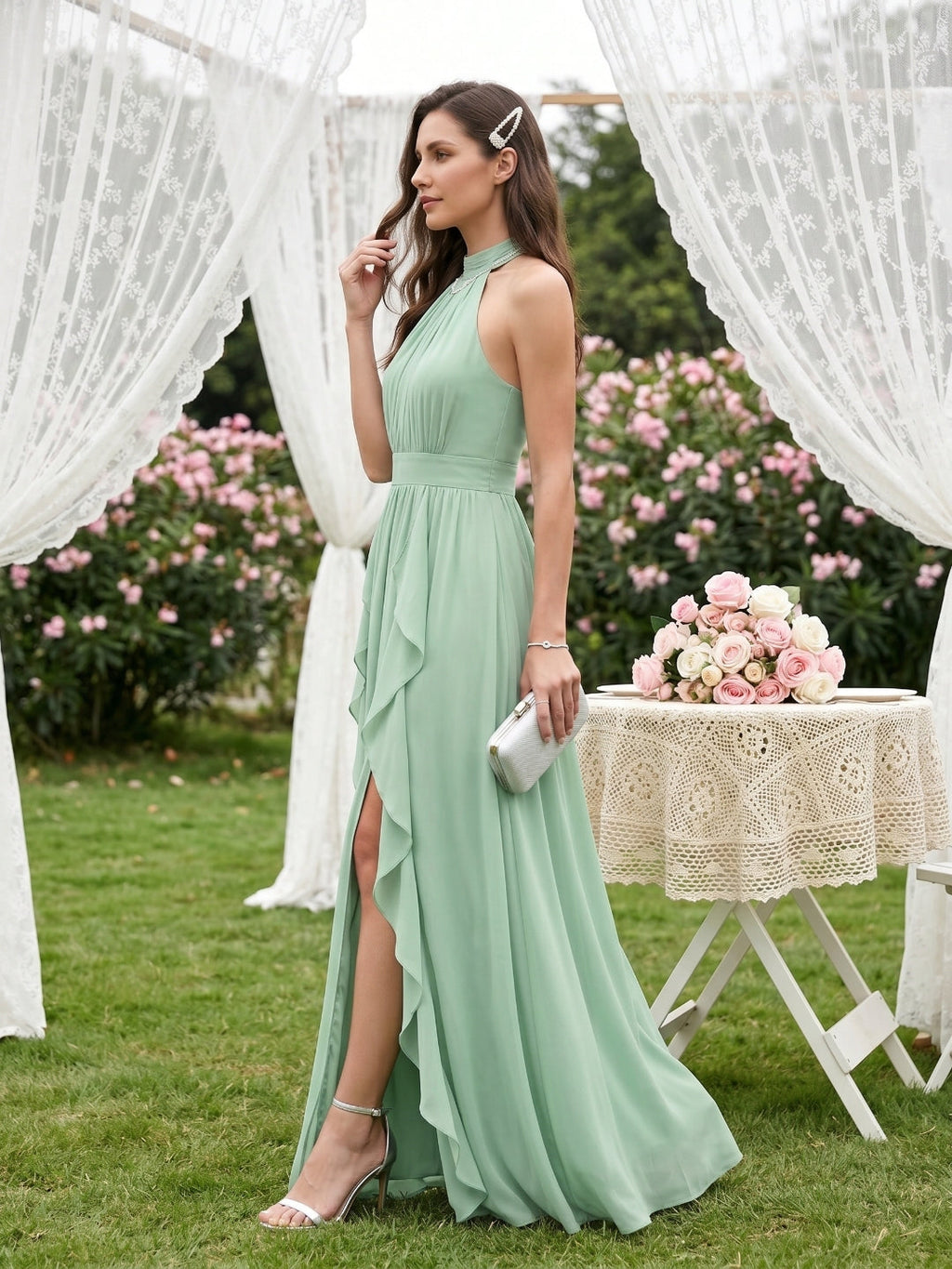 Sweet & Flowy Mint Green Chiffon A-Line Halter neckline Backless Ankle-Length Bridesmaid Dress - Curvevia