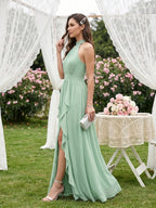 Sweet & Flowy Mint Green Chiffon A-Line Halter neckline Backless Ankle-Length Bridesmaid Dress - Curvevia