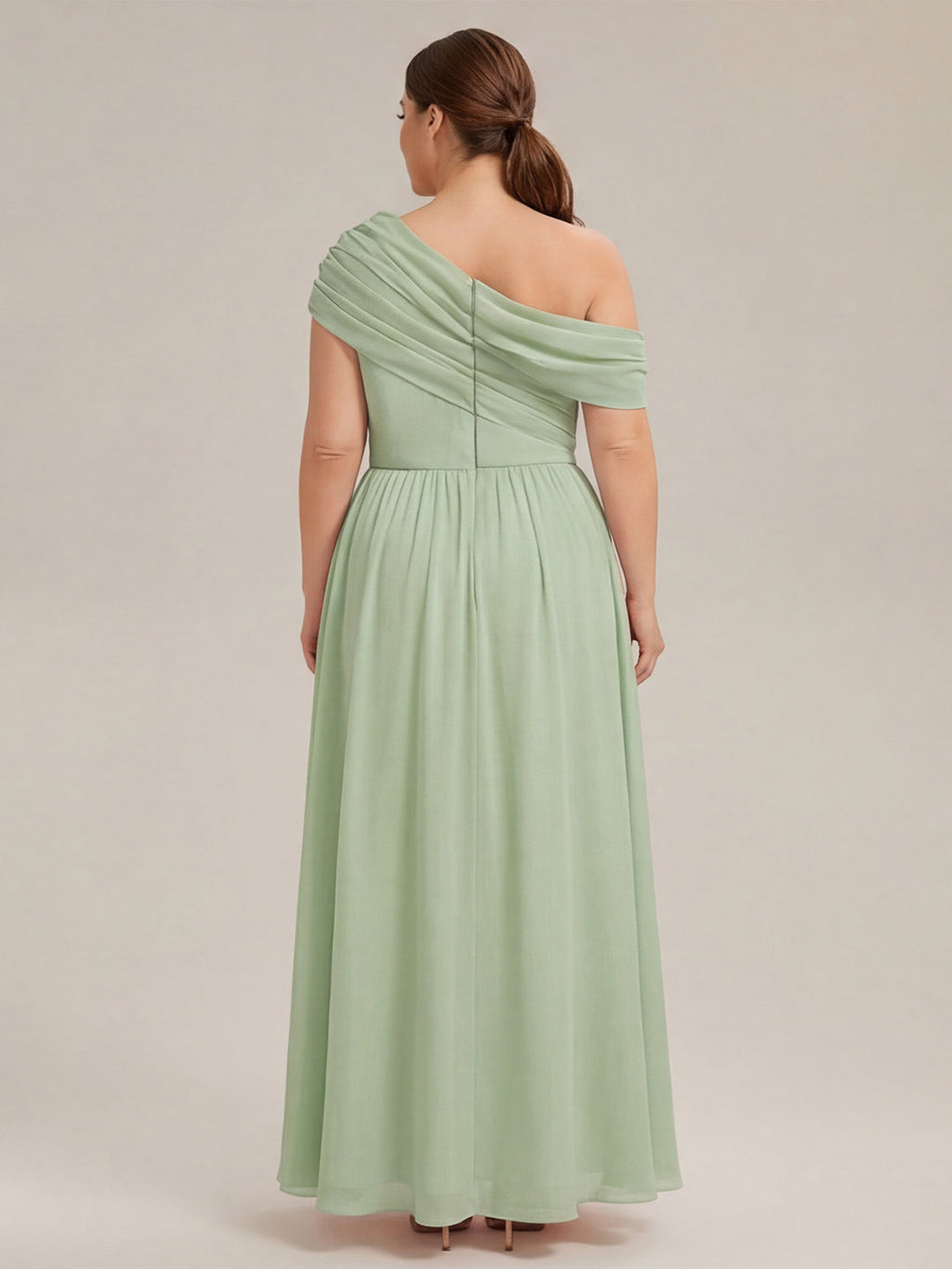 Sweet & Flowy Dusty Sage Chiffon A-Line One Shoulder Back Zip Ankle-Length Plus Size Bridesmaid Dress - Curvevia
