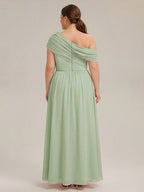 Sweet & Flowy Dusty Sage Chiffon A-Line One Shoulder Back Zip Ankle-Length Plus Size Bridesmaid Dress - Curvevia