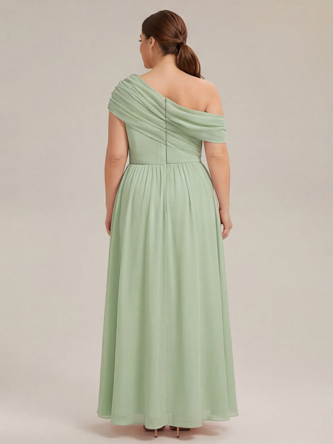 Sweet & Flowy Dusty Sage Chiffon A-Line One Shoulder Back Zip Ankle-Length Plus Size Bridesmaid Dress - Curvevia