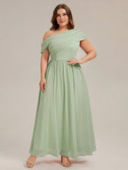 Sweet & Flowy Dusty Sage Chiffon A-Line One Shoulder Back Zip Ankle-Length Plus Size Bridesmaid Dress - Curvevia