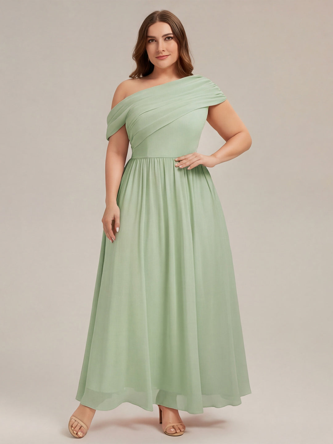 Sweet & Flowy Dusty Sage Chiffon A-Line One Shoulder Back Zip Ankle-Length Plus Size Bridesmaid Dress - Curvevia