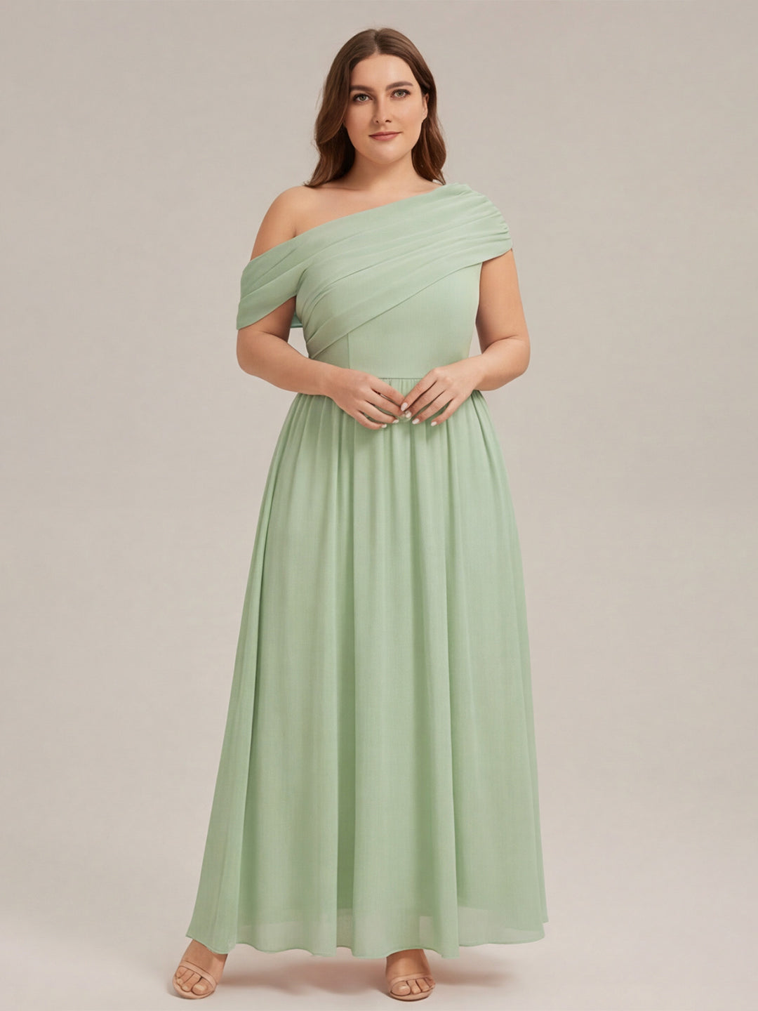 Sweet & Flowy Dusty Sage Chiffon A-Line One Shoulder Back Zip Ankle-Length Plus Size Bridesmaid Dress - Curvevia