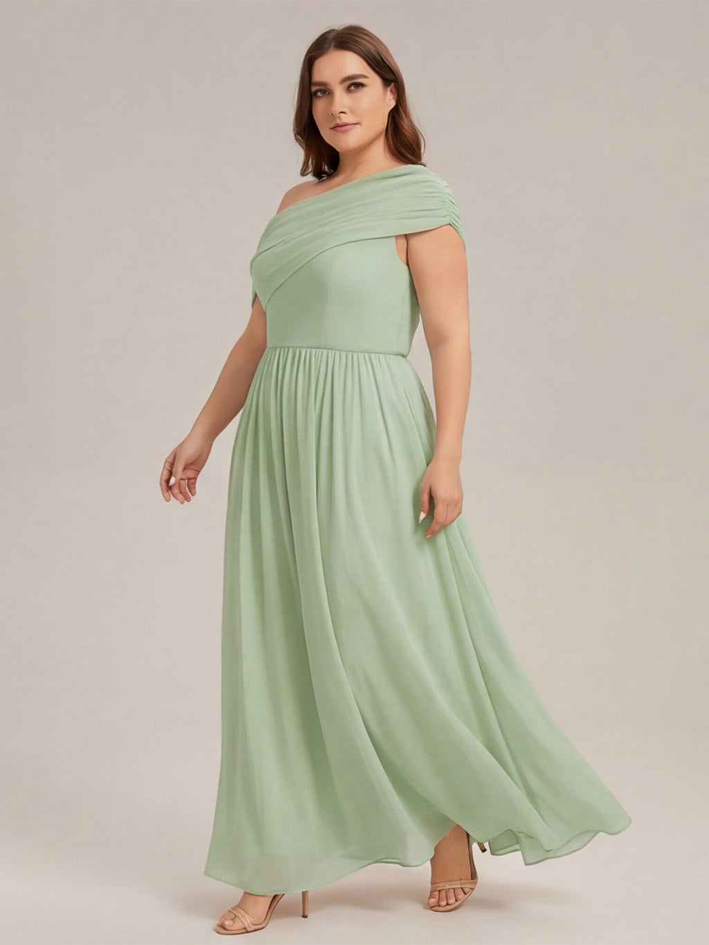 Sweet & Flowy Dusty Sage Chiffon A-Line One Shoulder Back Zip Ankle-Length Plus Size Bridesmaid Dress - Curvevia