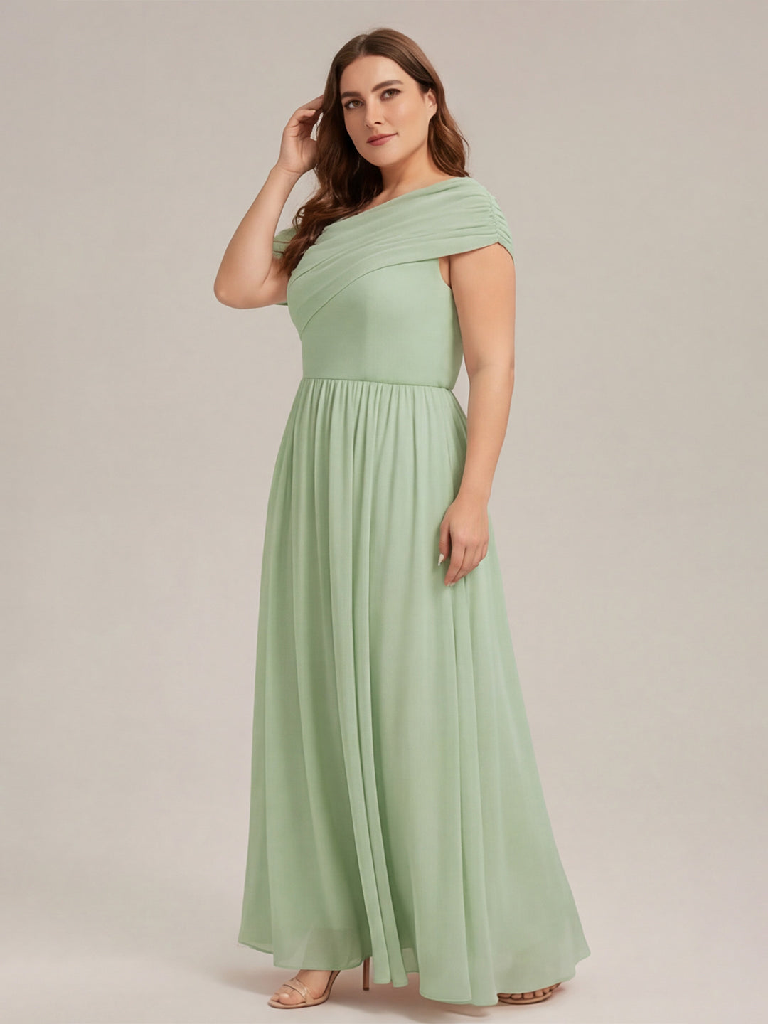 Sweet & Flowy Dusty Sage Chiffon A-Line One Shoulder Back Zip Ankle-Length Plus Size Bridesmaid Dress - Curvevia