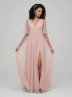 Sweet & Flowy Dusty Rose Tulle A-Line V-Neck Ankle-Length Bridesmaid Dress with Minimalist Design - Curvevia