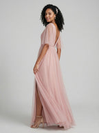 Sweet & Flowy Dusty Rose Tulle A-Line V-Neck Ankle-Length Bridesmaid Dress with Minimalist Design - Curvevia