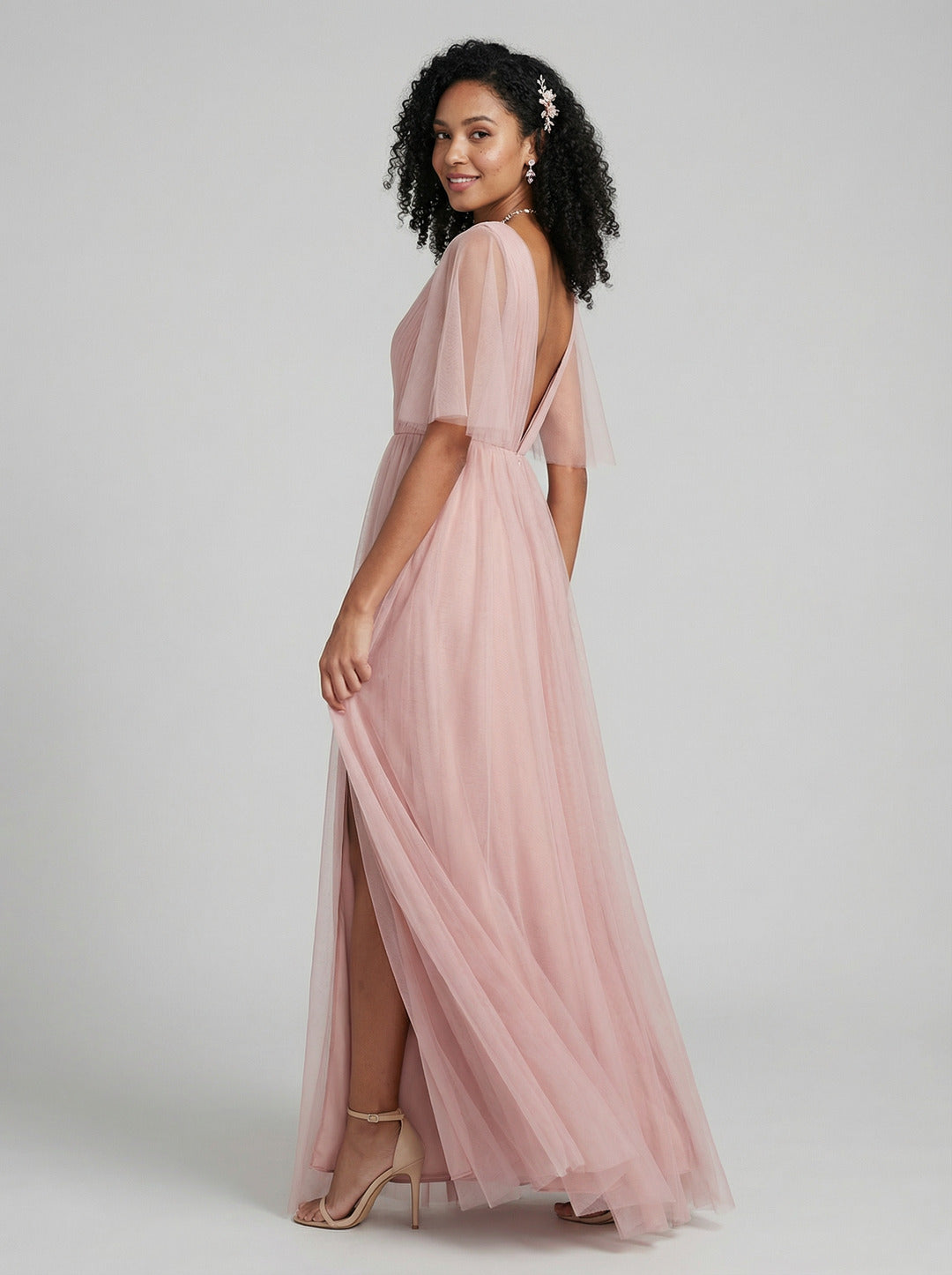 Sweet & Flowy Dusty Rose Tulle A-Line V-Neck Ankle-Length Bridesmaid Dress with Minimalist Design - Curvevia