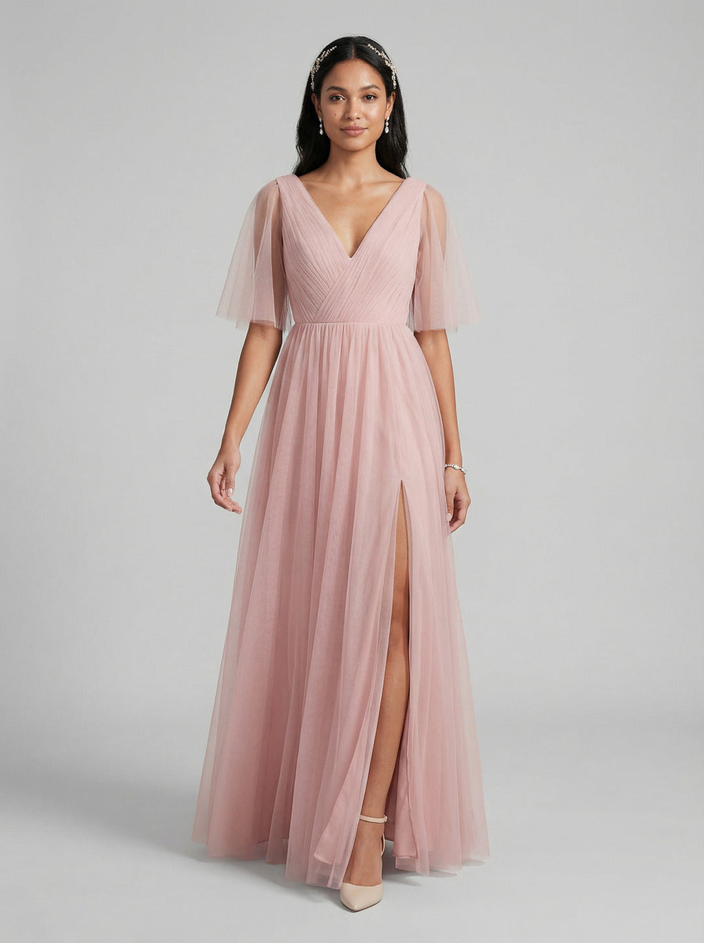 Sweet & Flowy Dusty Rose Tulle A-Line V-Neck Ankle-Length Bridesmaid Dress with Minimalist Design - Curvevia