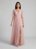 Sweet & Flowy Dusty Rose Tulle A-Line V-Neck Ankle-Length Bridesmaid Dress with Minimalist Design - Curvevia