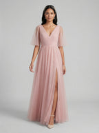 Sweet & Flowy Dusty Rose Tulle A-Line V-Neck Ankle-Length Bridesmaid Dress with Minimalist Design - Curvevia