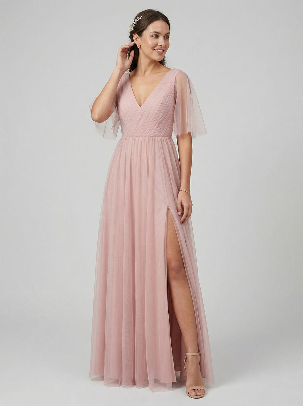 Sweet & Flowy Dusty Rose Tulle A-Line V-Neck Ankle-Length Bridesmaid Dress with Minimalist Design - Curvevia