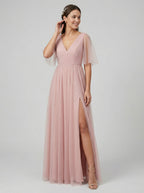 Sweet & Flowy Dusty Rose Tulle A-Line V-Neck Ankle-Length Bridesmaid Dress with Minimalist Design - Curvevia