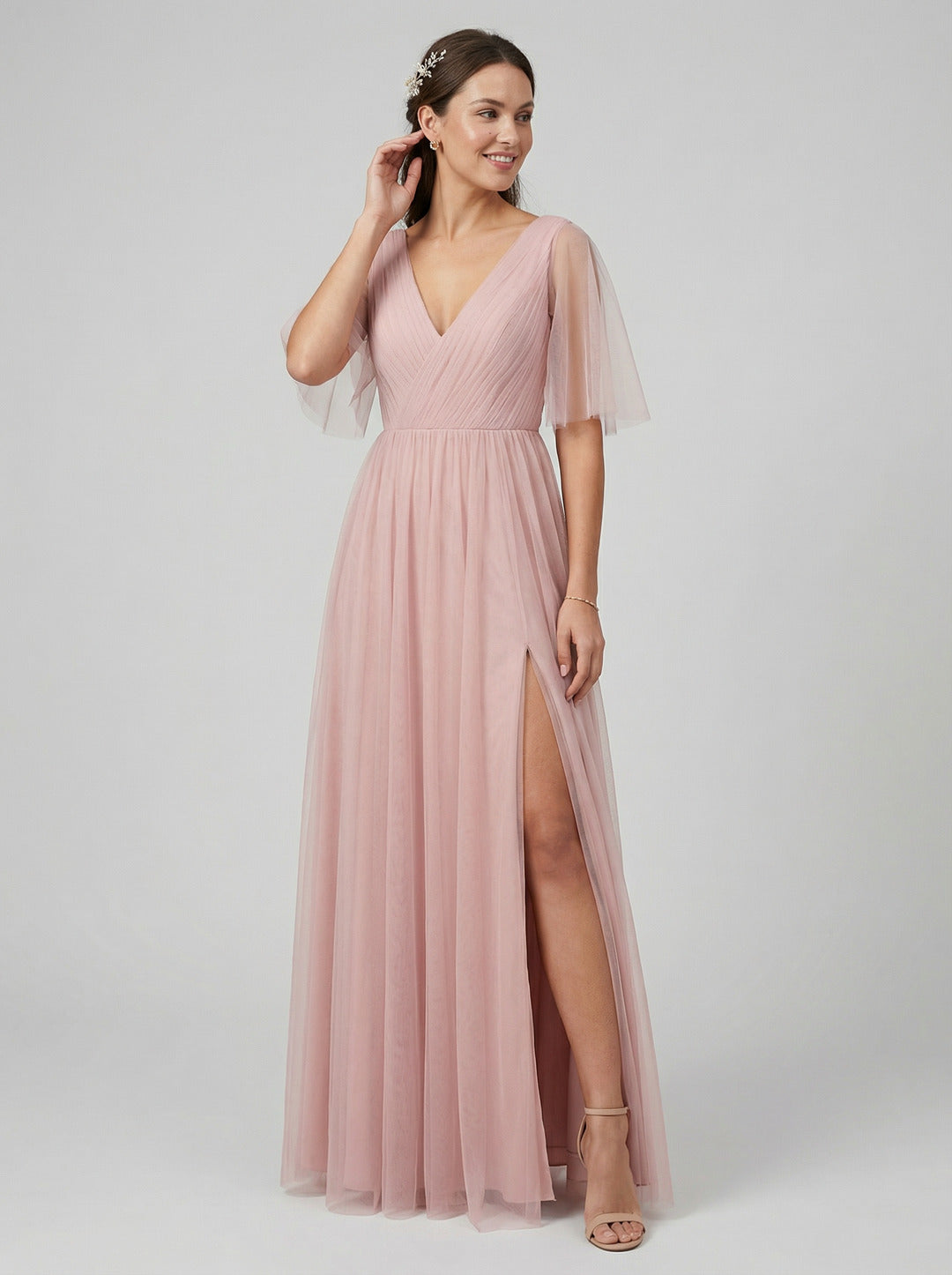 Sweet & Flowy Dusty Rose Tulle A-Line V-Neck Ankle-Length Bridesmaid Dress with Minimalist Design - Curvevia