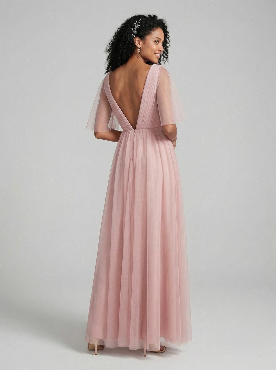 Sweet & Flowy Dusty Rose Tulle A-Line V-Neck Ankle-Length Bridesmaid Dress with Minimalist Design - Curvevia