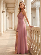 Sweet & Flowy Rose Gold Chiffon A-Line V-Neck Backless Ankle-Length Bridesmaid Dress - Curvevia