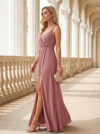 Sweet & Flowy Rose Gold Chiffon A-Line V-Neck Backless Ankle-Length Bridesmaid Dress - Curvevia