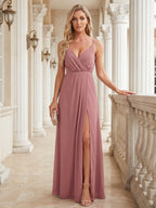 Sweet & Flowy Rose Gold Chiffon A-Line V-Neck Backless Ankle-Length Bridesmaid Dress - Curvevia