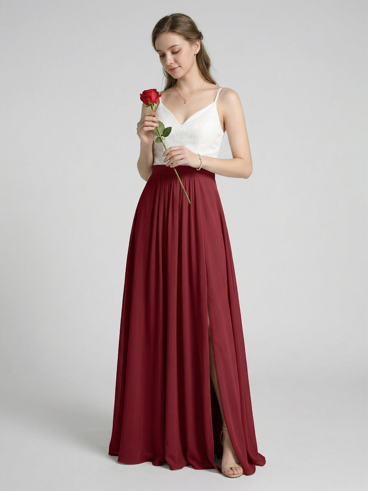 Sweet & Flowy Rust Chiffon A-Line V-Neck Back Zip with Pleated Ankle-Length Bridesmaid Dress - Curvevia