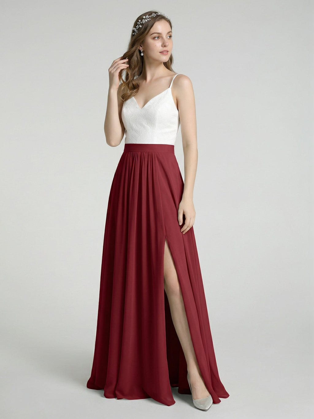 Sweet & Flowy Rust Chiffon A-Line V-Neck Back Zip with Pleated Ankle-Length Bridesmaid Dress - Curvevia