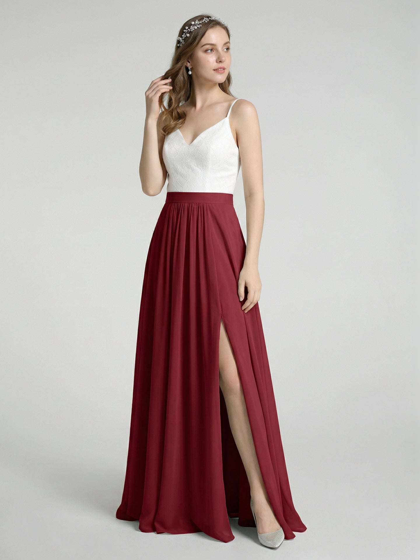 Sweet & Flowy Rust Chiffon A-Line V-Neck Back Zip with Pleated Ankle-Length Bridesmaid Dress - Curvevia