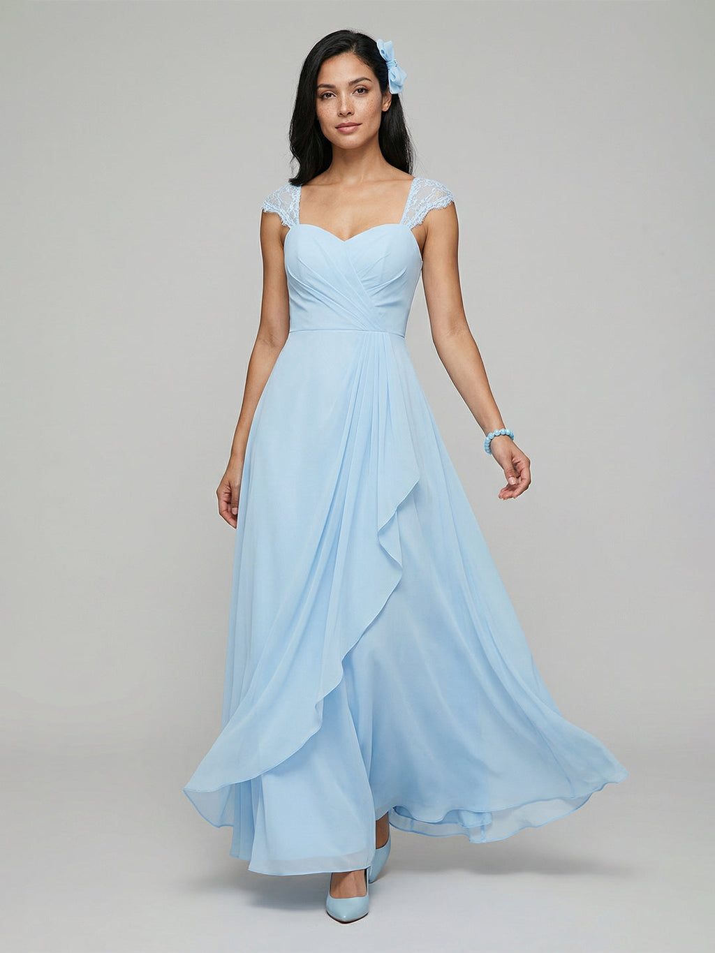 Sweet & Flowy Sky Blue Chiffon A-Line Sweetheart Ankle-Length Bridesmaid Dress with Minimalist Design - Curvevia