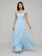 Sweet & Flowy Sky Blue Chiffon A-Line Sweetheart Ankle-Length Bridesmaid Dress with Minimalist Design - Curvevia