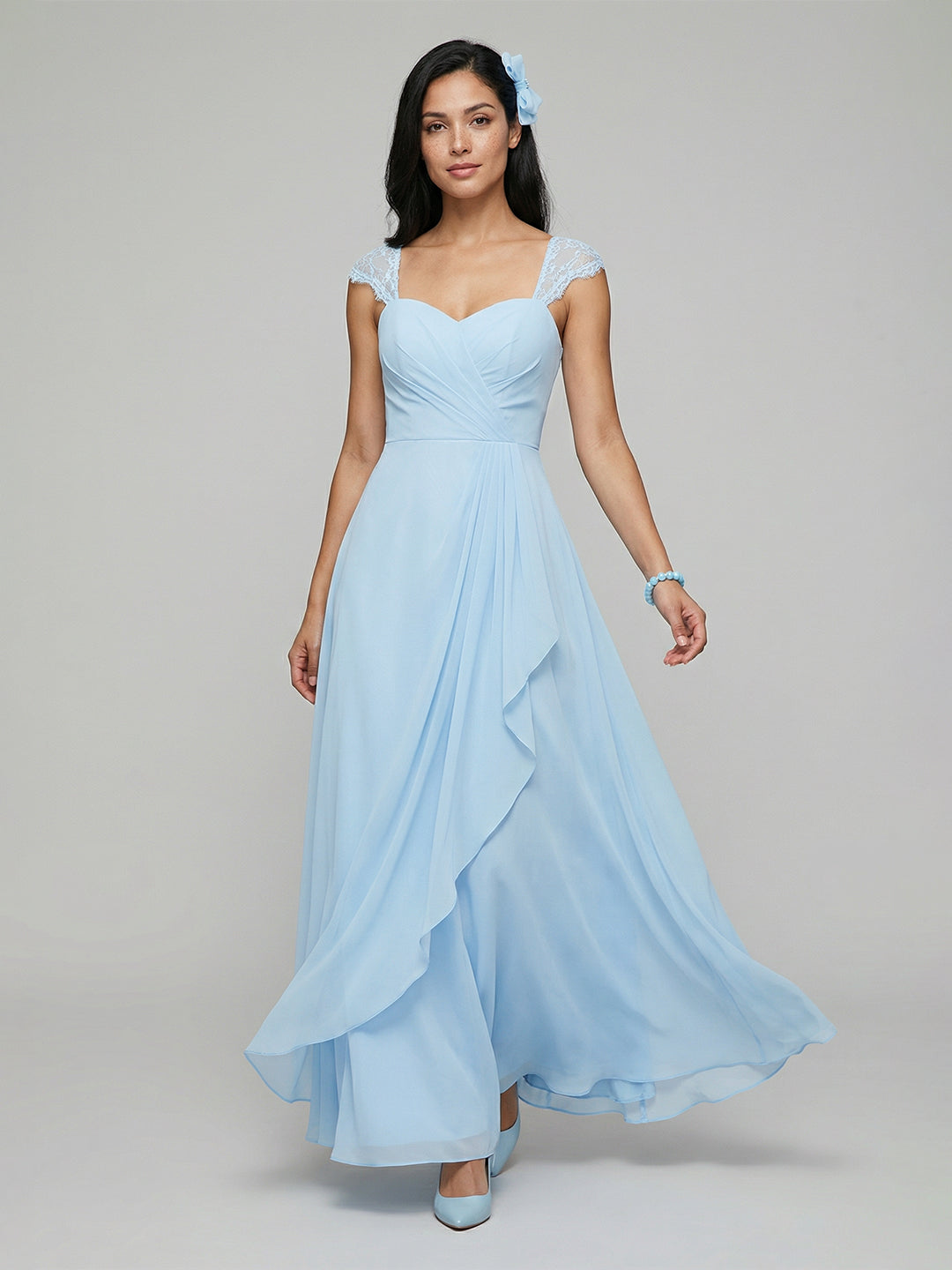 Sweet & Flowy Sky Blue Chiffon A-Line Sweetheart Ankle-Length Bridesmaid Dress with Minimalist Design - Curvevia