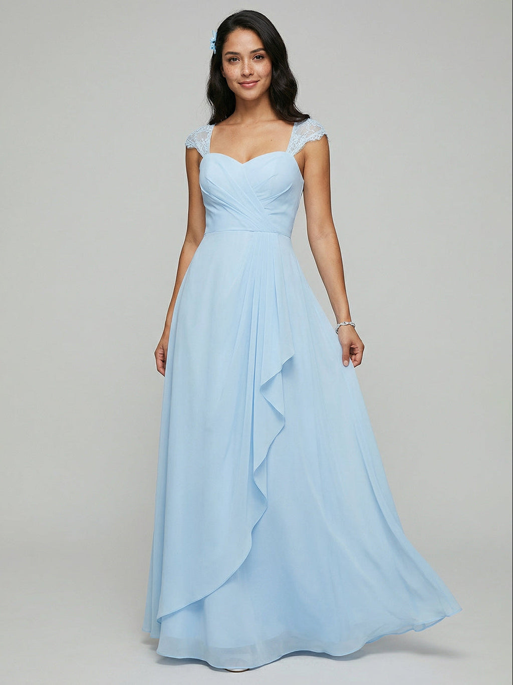 Sweet & Flowy Sky Blue Chiffon A-Line Sweetheart Ankle-Length Bridesmaid Dress with Minimalist Design - Curvevia