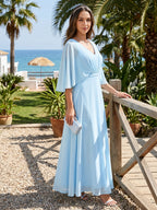 Sweet & Flowy Sky Blue Chiffon A-Line V-Neck Back Zip Ankle-Length Bridesmaid Dress - Curvevia