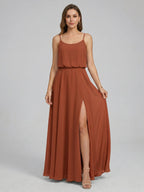 Sweet & Flowy Terracotta Chiffon A-Line Scoop Neck Backless with Pleated Ankle-Length Bridesmaid Dress - Curvevia