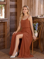 Sweet & Flowy Terracotta Chiffon A-Line Scoop Neck Backless with Pleated Ankle-Length Bridesmaid Dress - Curvevia