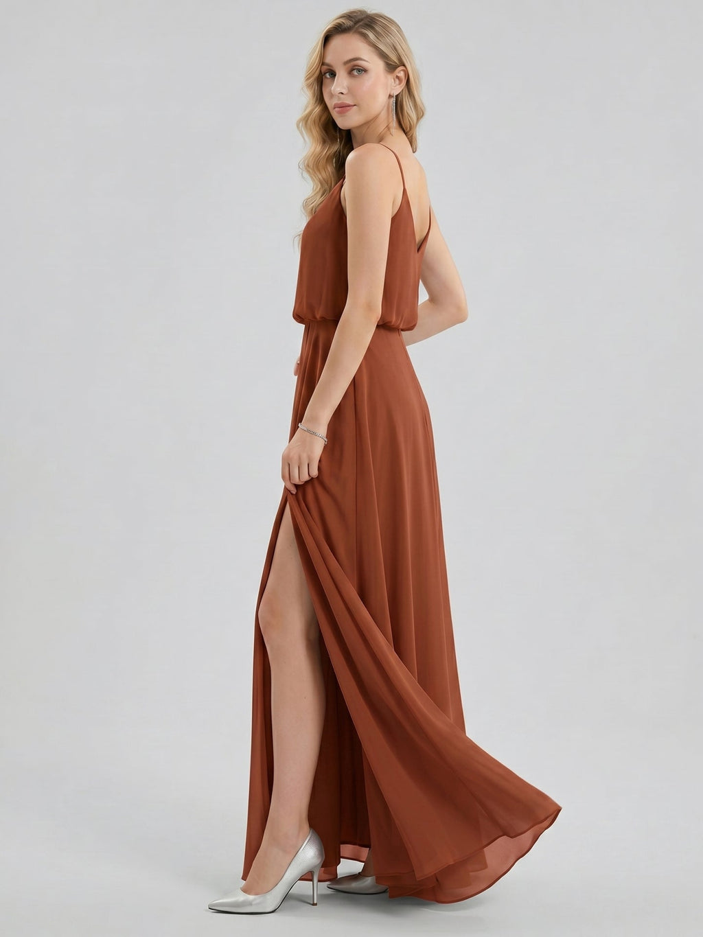 Sweet & Flowy Terracotta Chiffon A-Line Scoop Neck Backless with Pleated Ankle-Length Bridesmaid Dress - Curvevia