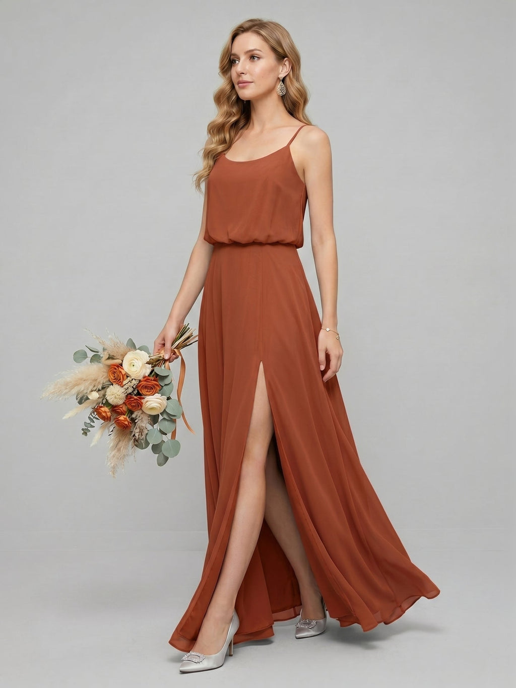 Sweet & Flowy Terracotta Chiffon A-Line Scoop Neck Backless with Pleated Ankle-Length Bridesmaid Dress - Curvevia