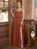 Sweet & Flowy Terracotta Chiffon A-Line Scoop Neck Backless with Pleated Ankle-Length Bridesmaid Dress - Curvevia