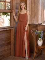 Sweet & Flowy Terracotta Chiffon A-Line Scoop Neck Backless with Pleated Ankle-Length Bridesmaid Dress - Curvevia