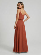 Sweet & Flowy Terracotta Chiffon A-Line Scoop Neck Backless with Pleated Ankle-Length Bridesmaid Dress - Curvevia