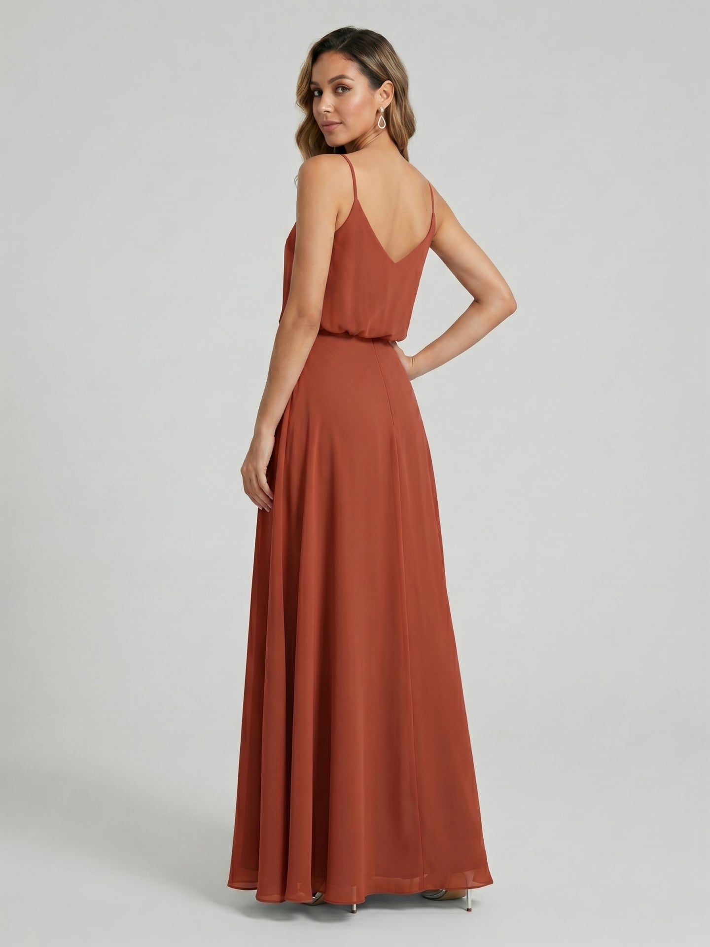 Sweet & Flowy Terracotta Chiffon A-Line Scoop Neck Backless with Pleated Ankle-Length Bridesmaid Dress - Curvevia