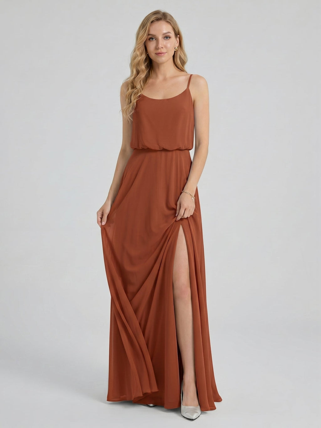 Sweet & Flowy Terracotta Chiffon A-Line Scoop Neck Backless with Pleated Ankle-Length Bridesmaid Dress - Curvevia