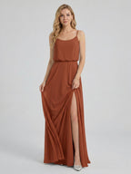 Sweet & Flowy Terracotta Chiffon A-Line Scoop Neck Backless with Pleated Ankle-Length Bridesmaid Dress - Curvevia