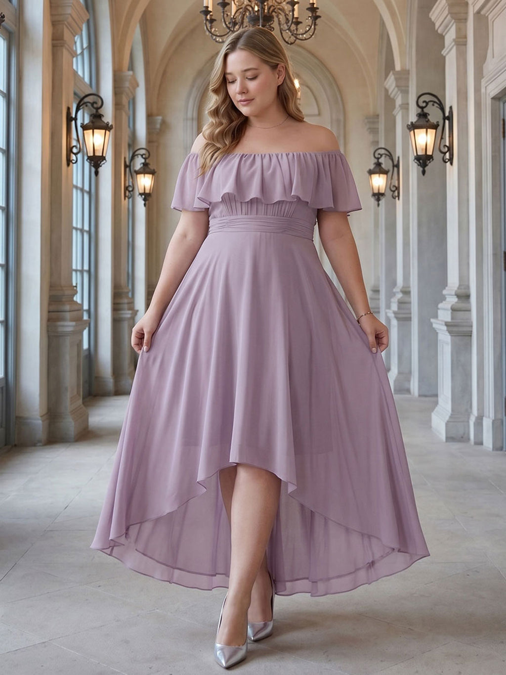Sweet & Flowy lavender Chiffon A-Line Off-the-Shoulder Backless Asymmetrical Plus Size Bridesmaid Dress - Curvevia
